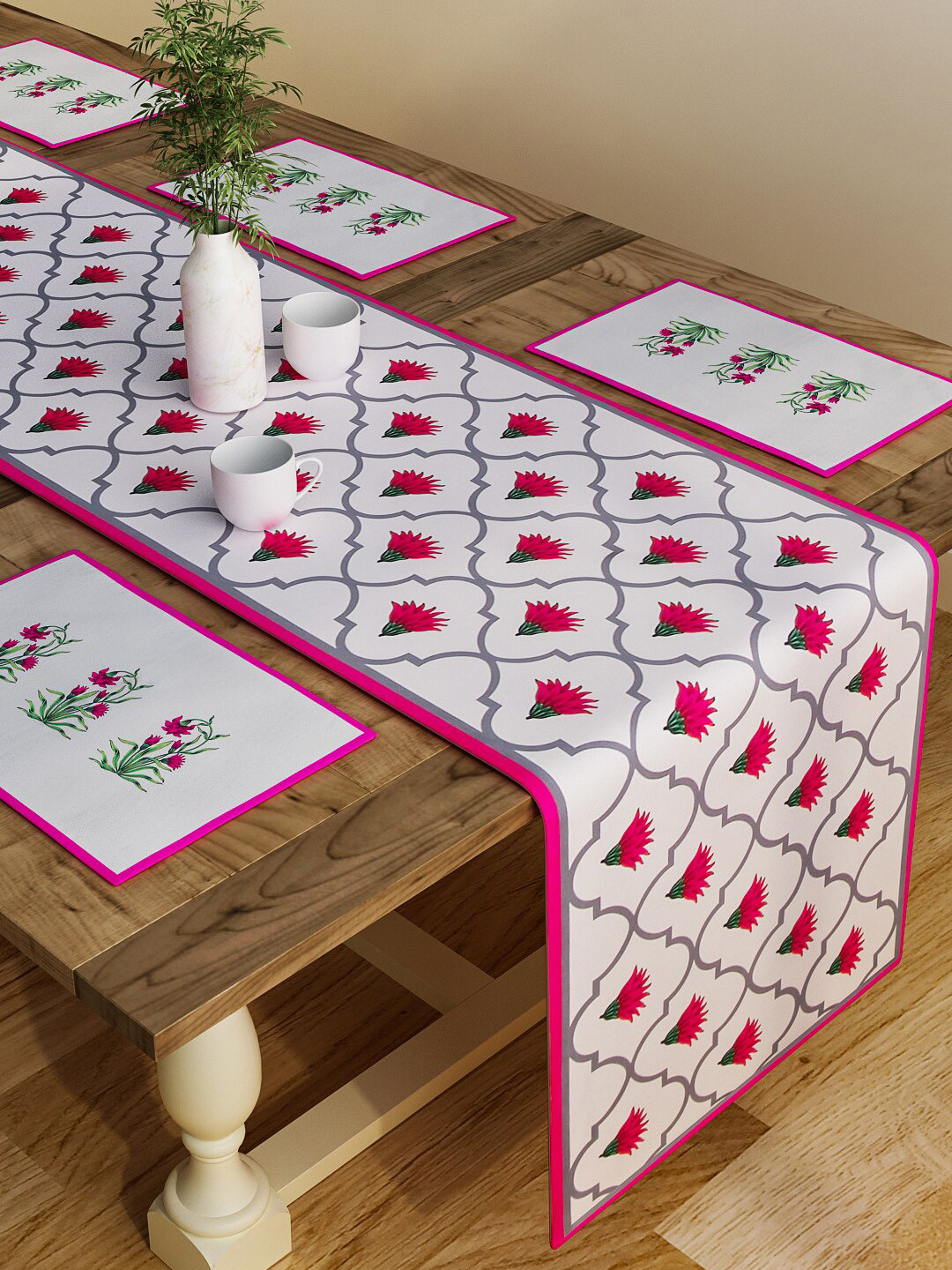 SEJ by Nisha Gupta Pink & White Set of 7 Table Placemats & Runner