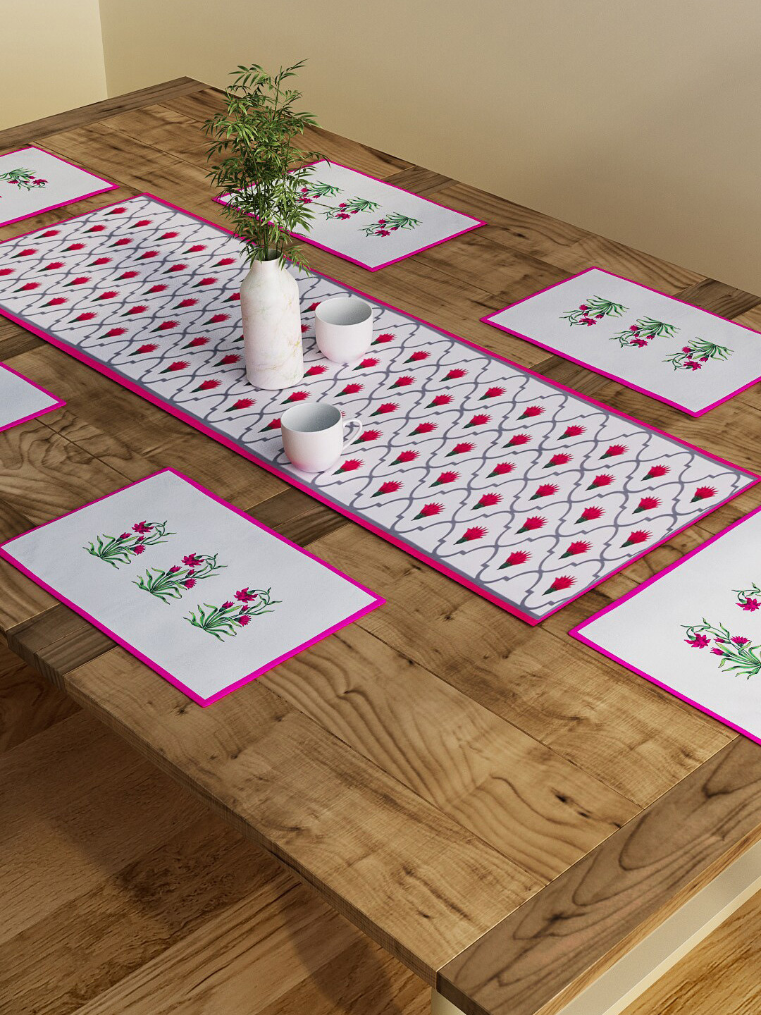 SEJ by Nisha Gupta Pink & White Set of 6 Table Placemats With Runner