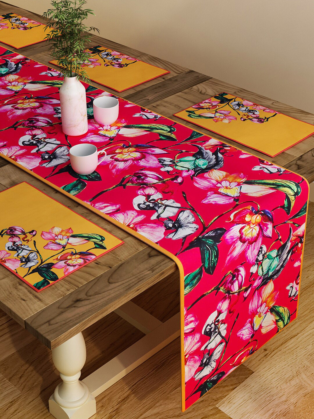 SEJ by Nisha Gupta Set of 6 Red Printed Cotton Table Placemats and Runner