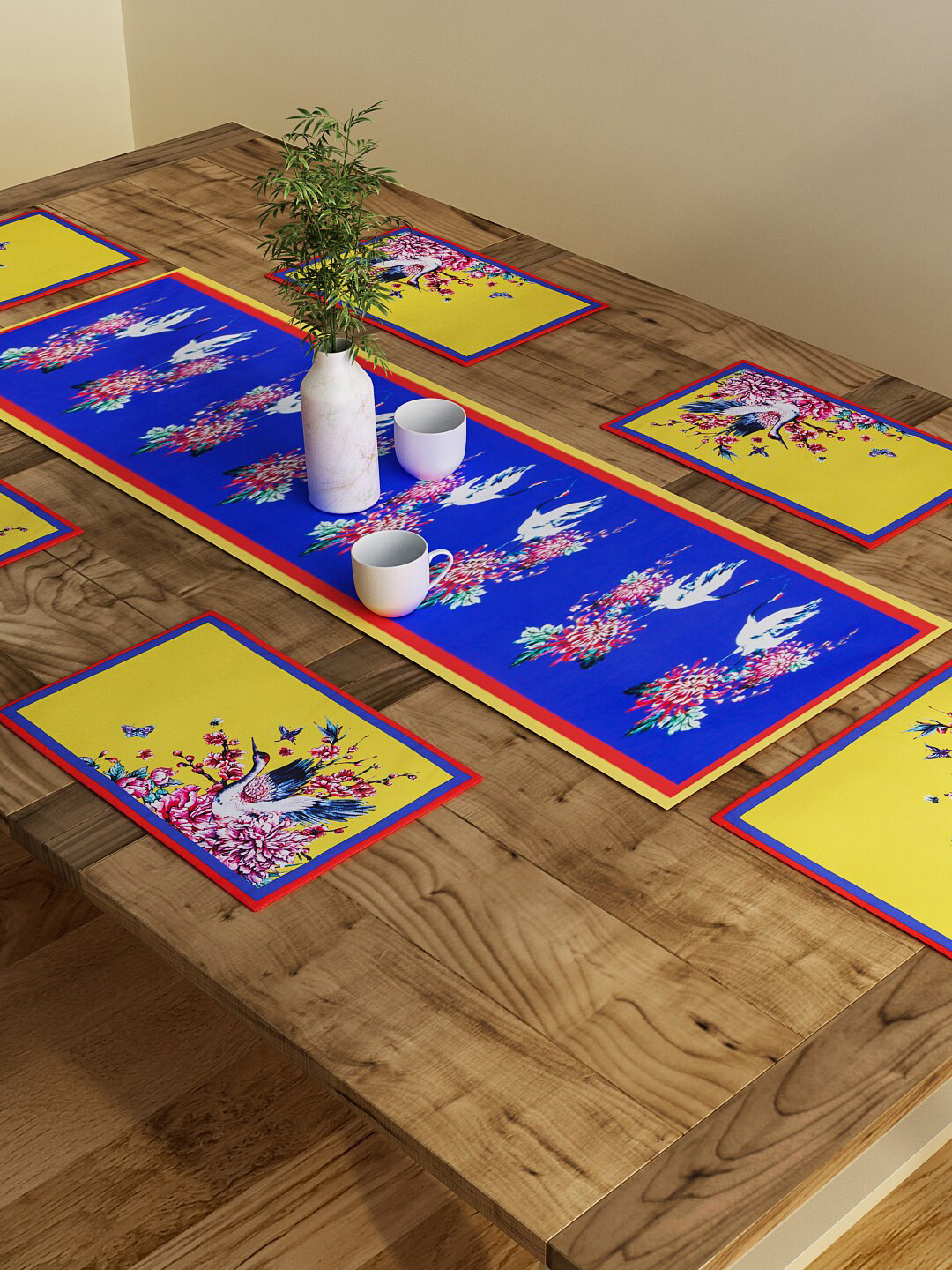 SEJ by Nisha Gupta Set of 7 Blue Printed Table Placemats & Runner