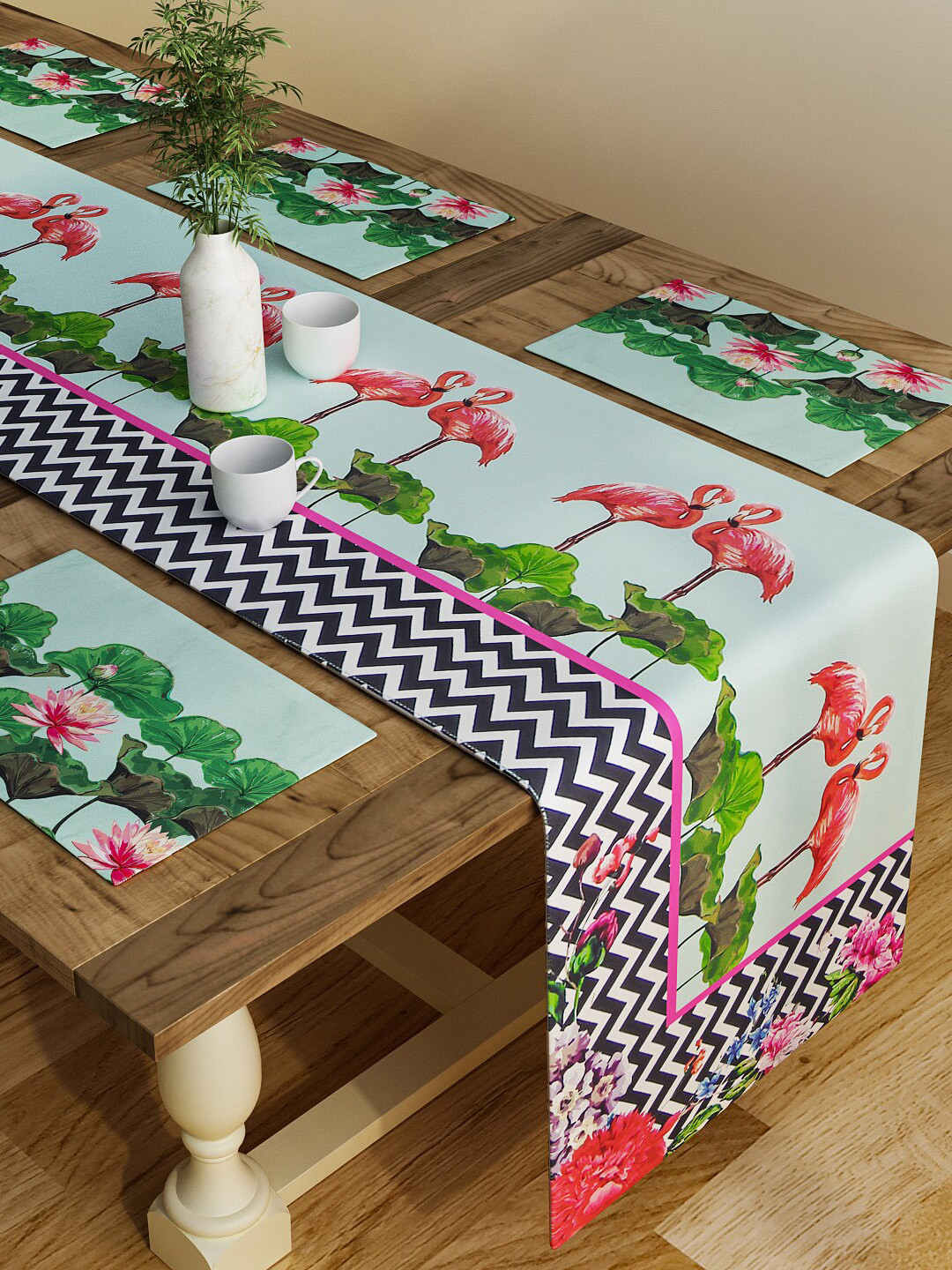 SEJ by Nisha Gupta Green & Black Set of 7 Table Placemats & Runner
