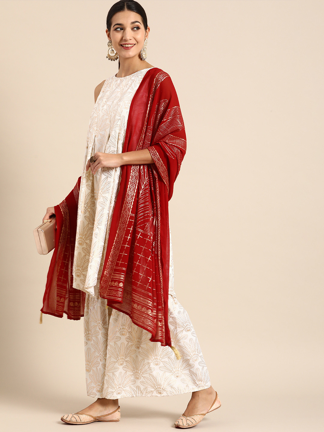 Anouk Women Off White & Gold-Toned Floral Print Pleated Kurta with Sharara & With Dupatta