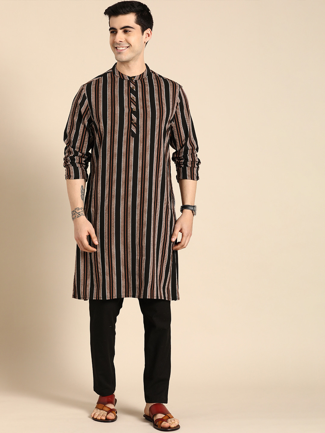 Anouk Men Black And Orange Striped Kurta with Solid Trousers
