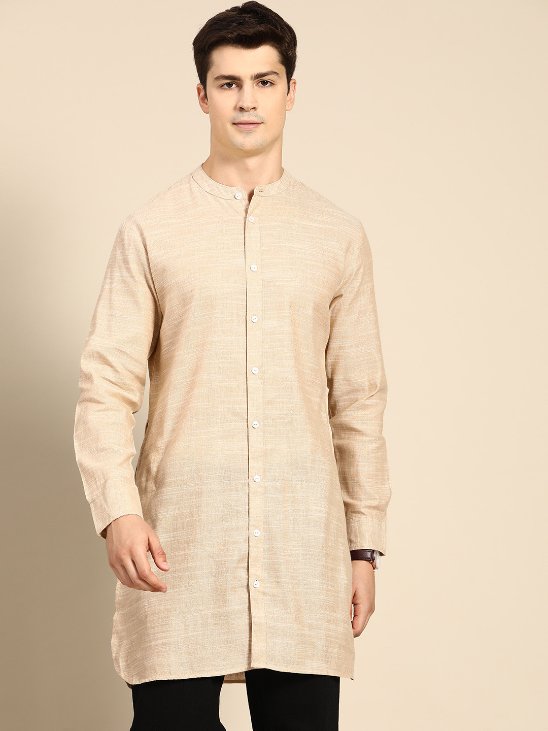 Anouk Men Beige Solid Band Collar Kurta