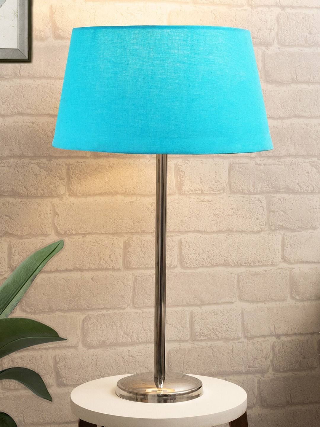 Homesake Turquoise-Blue & Silver-Toned Solid Table Lamp With Fabric Shade