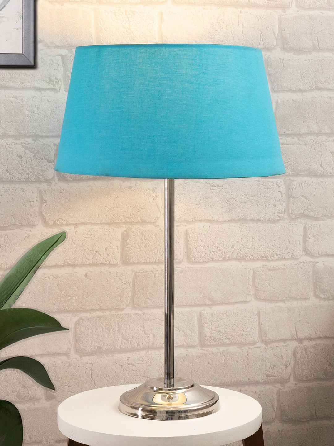 Homesake Turquoise-Blue & Silver-Toned Solid Basic Table Lamp with Fabric Shade