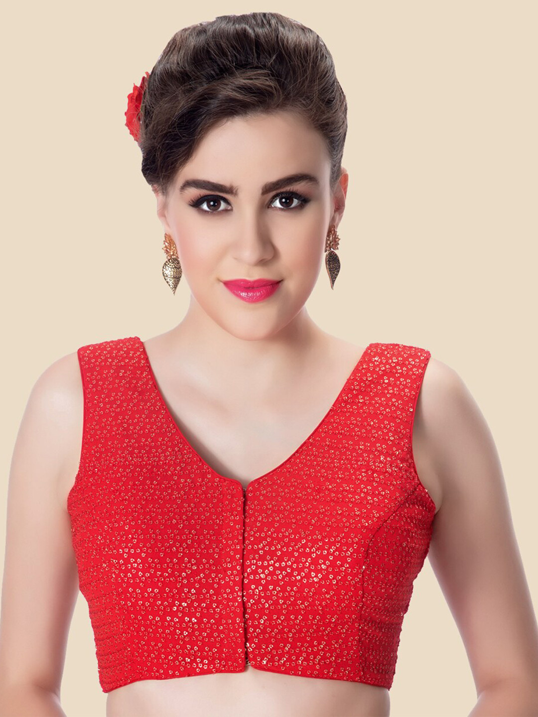 neckbook Red Embellished Cotton Padded Saree Blouse
