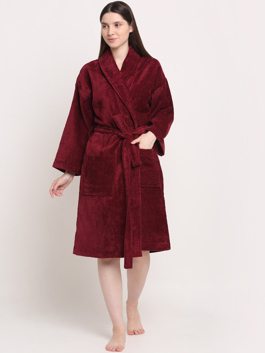 Creeva Luxury Burgundy Solid Cotton Drawstring Knee Length Bath Robe-M
