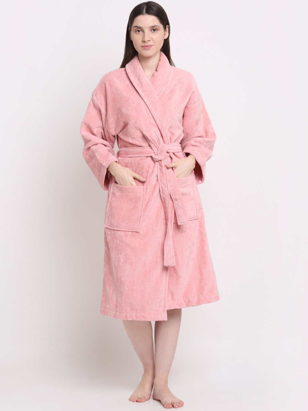 Creeva Luxury Pink Solid Cotton Drawstring Midi Bath Robe-M