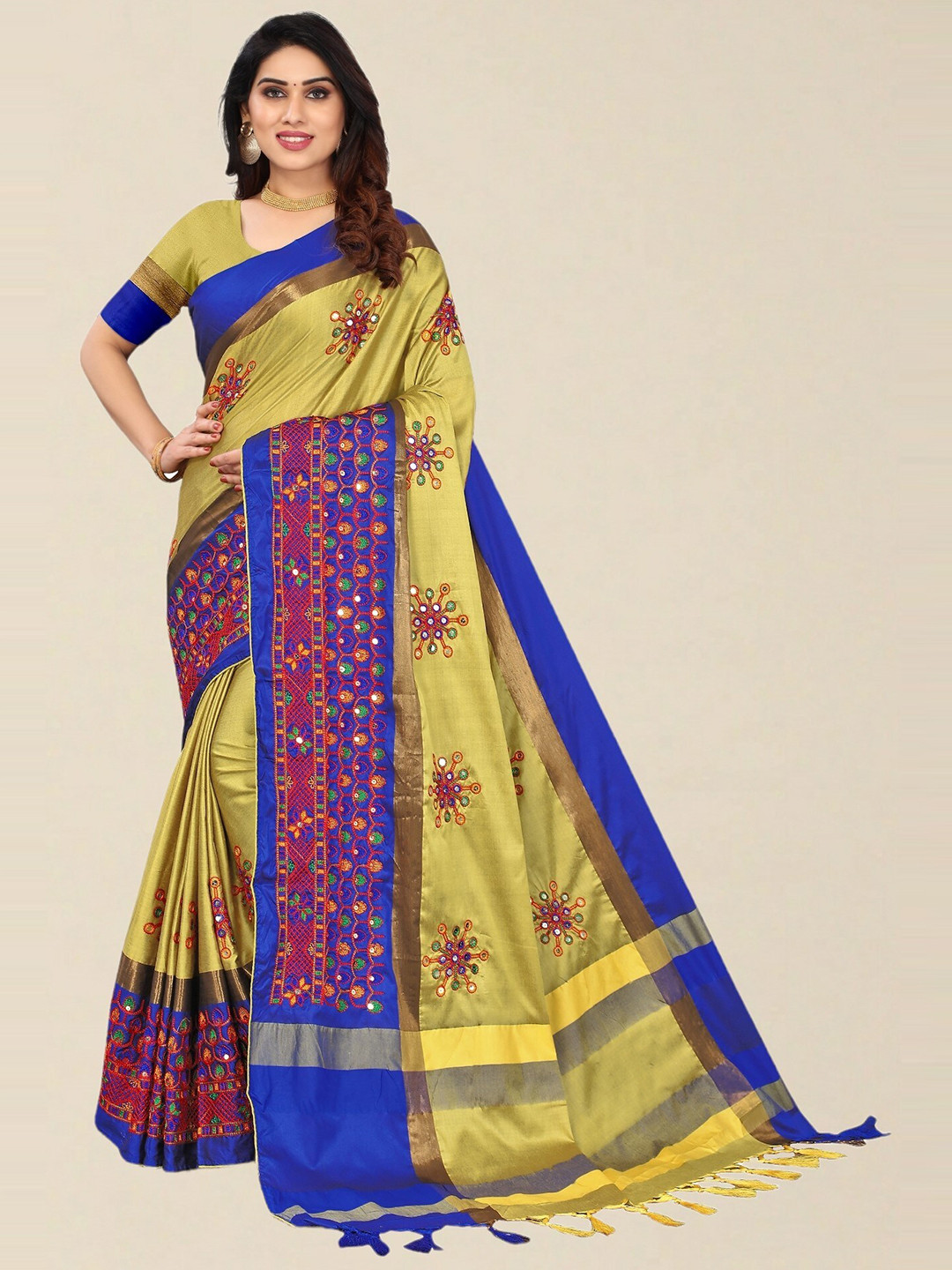 SERONA FABRICS Yellow & Blue Embellished Embroidered Silk Cotton Saree