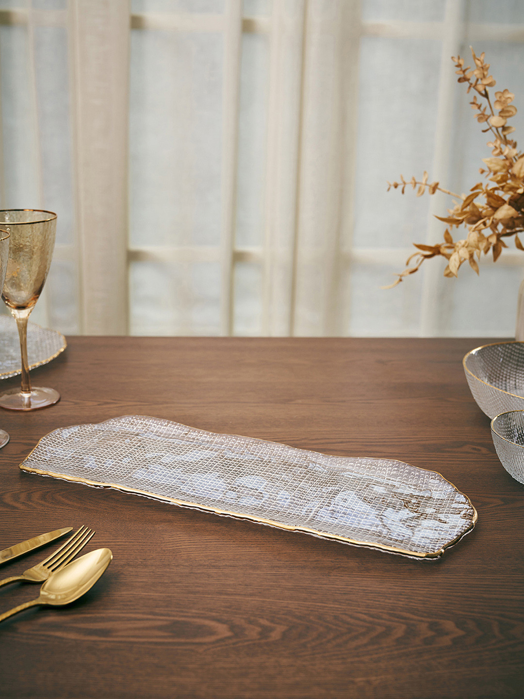 Pure Home and Living Transparent & Gold-Toned Textured Glass Tray
