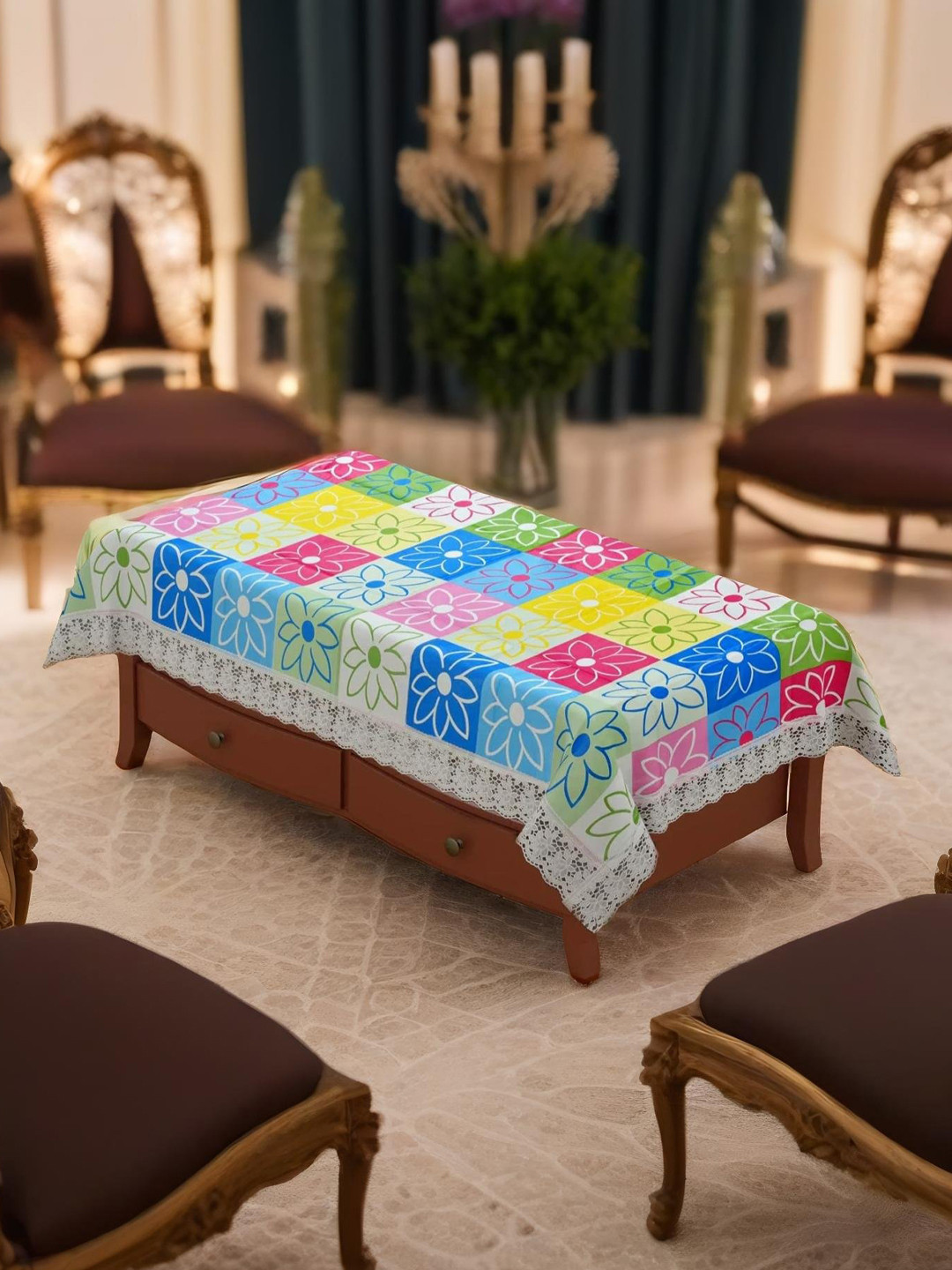 WEAVERS VILLA Yellow & Blue 4 Seater PVC Center Table Cover