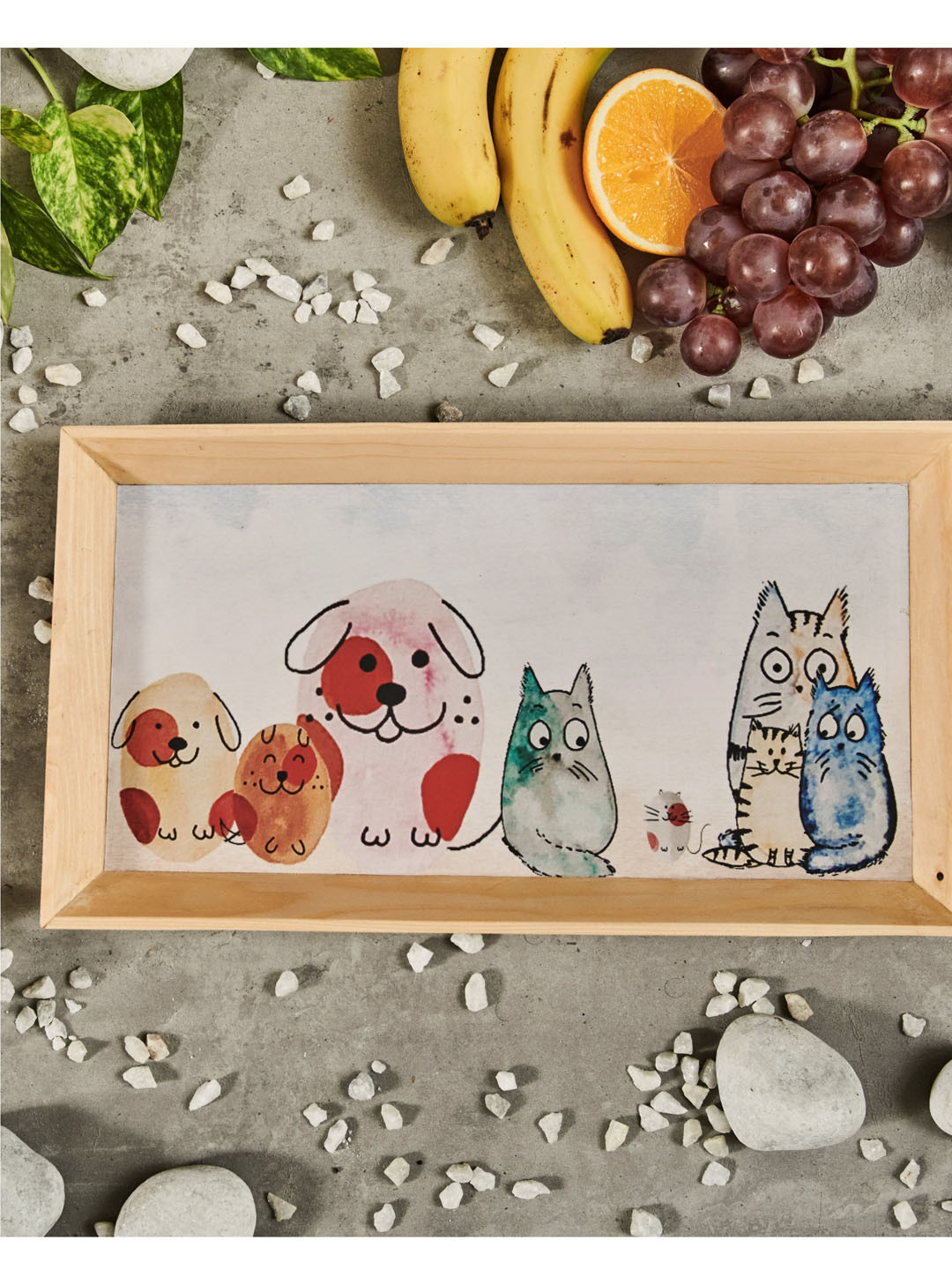 A Tiny Mistake Beige Happy Cats Printed Wooden Serving Tray