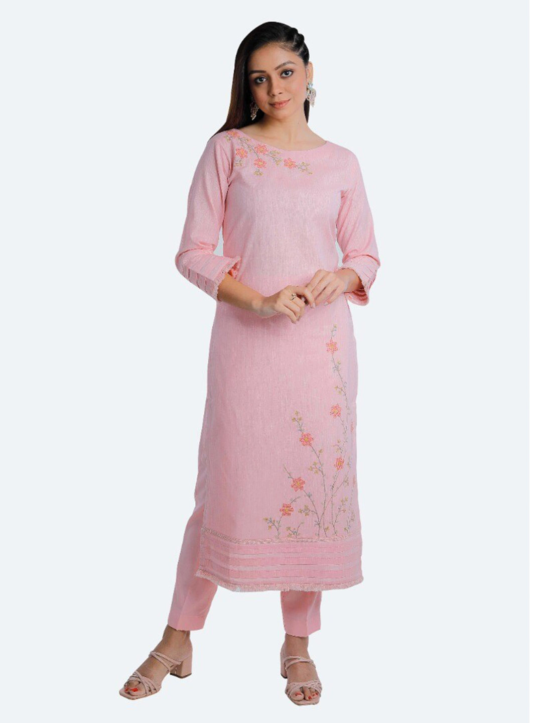 LAAKHI Pink & Red Floral Embroidered Boat Neck Thread Work Pure Cotton Straight Kurti