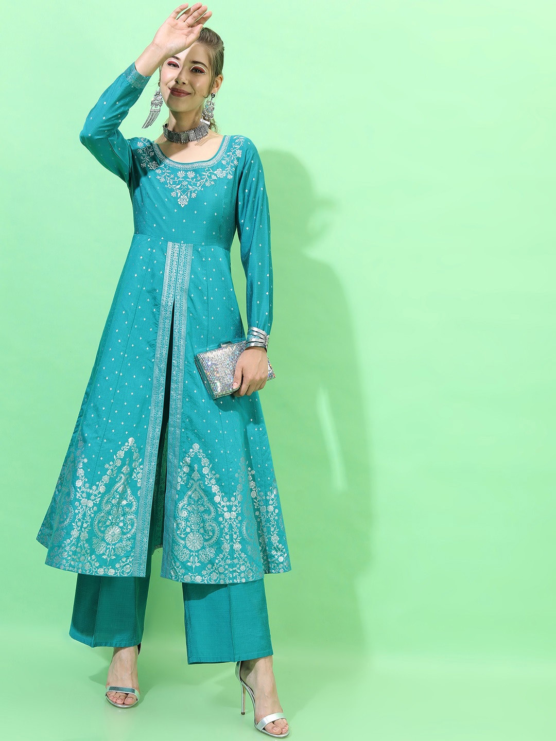 Vishudh Women Alina Cut Teal High Slit Kurti with Trousers