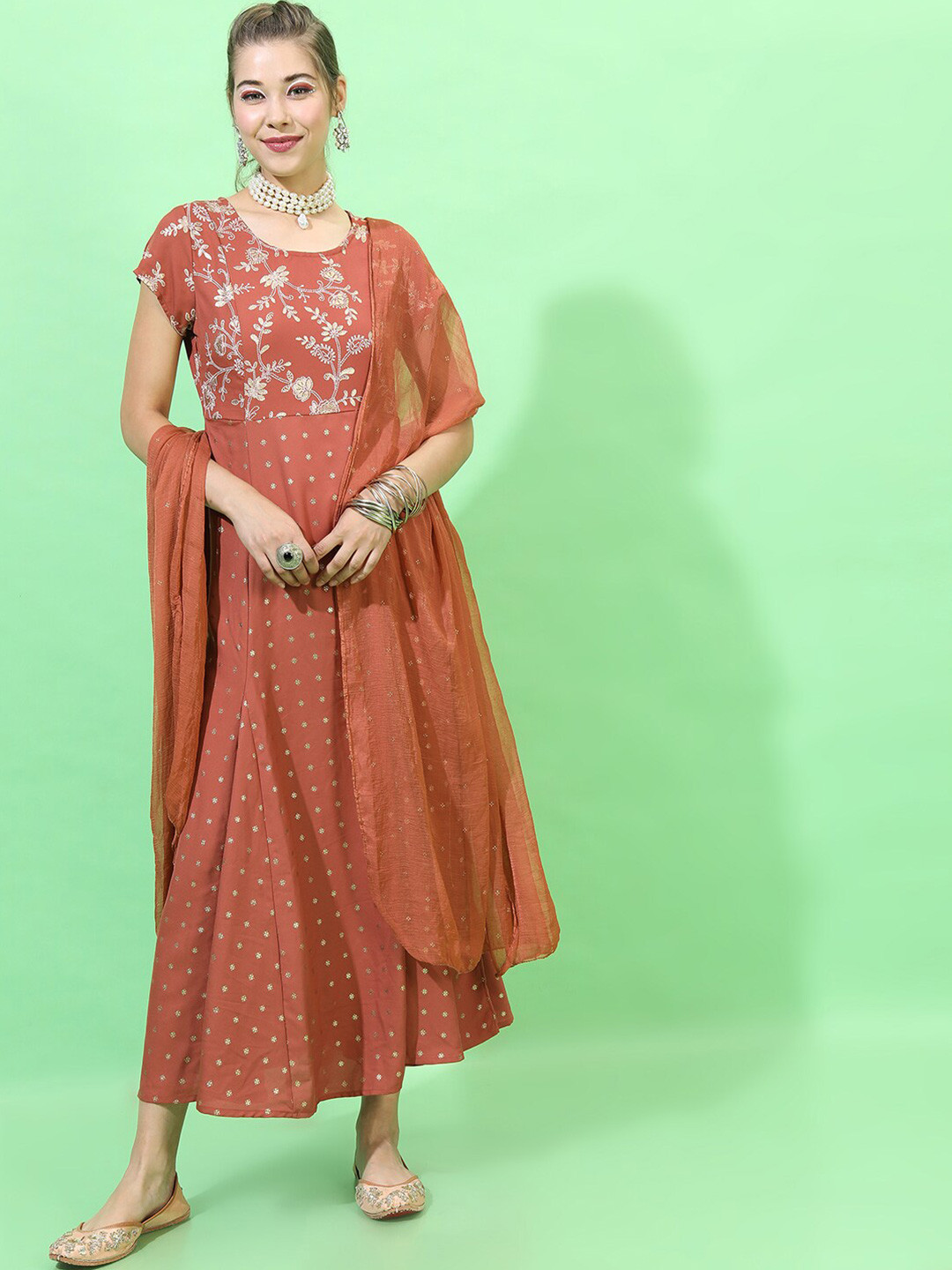 Vishudh Rust Ethnic Motifs Ethnic Maxi Ethnic Dress with Dupatta