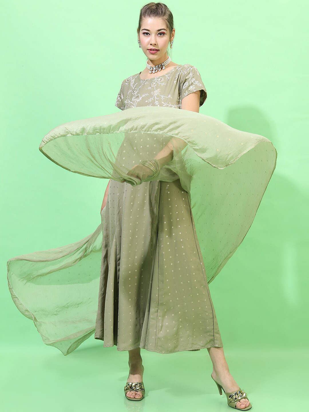 Vishudh Women Olive Green Ethnic Maxi Dress With Dupatta