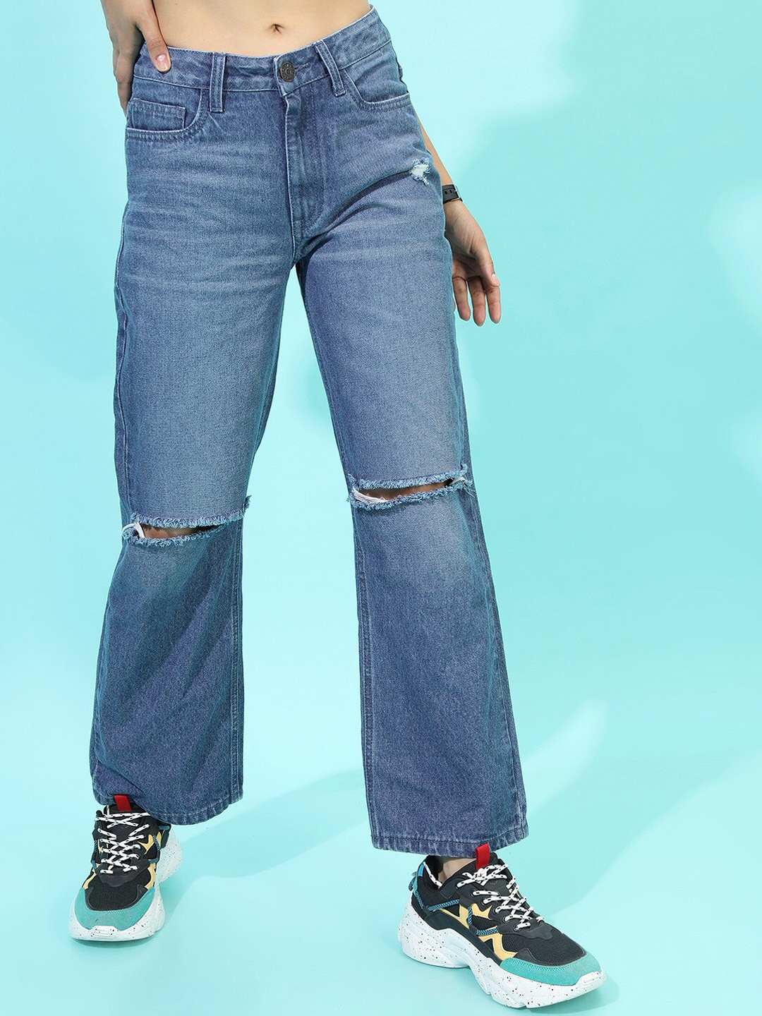 Tokyo Talkies Women Blue Flared Slash Knee Light Fade Jeans