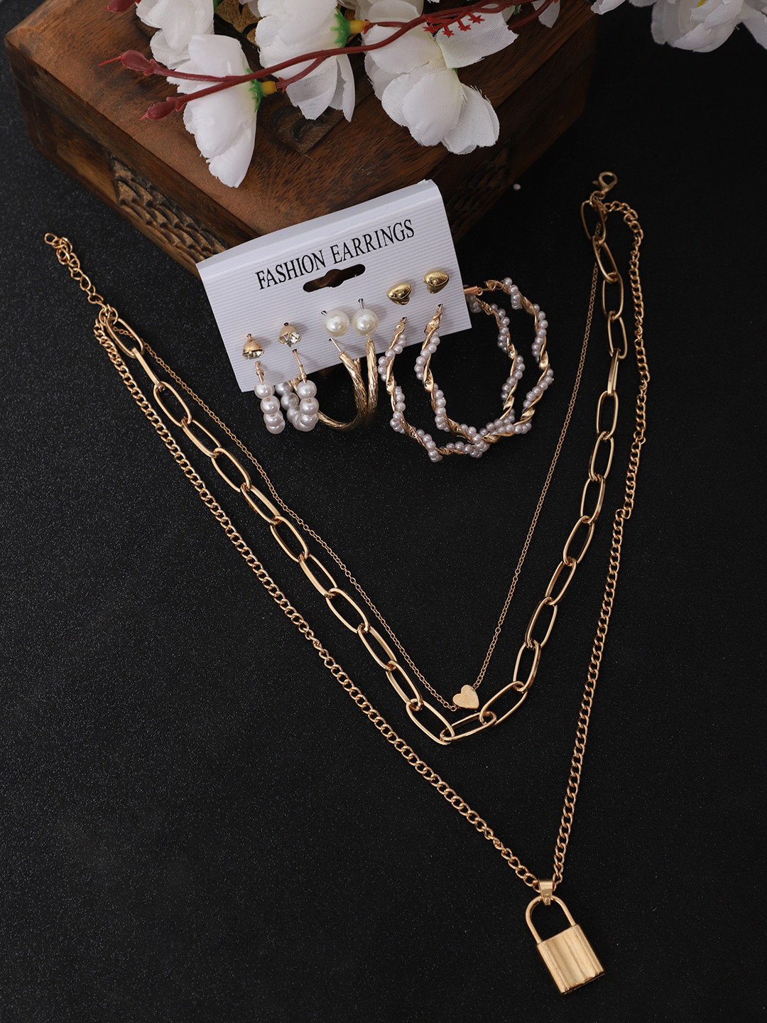 YouBella Gold-Pleated White Beaded Jewellery Set