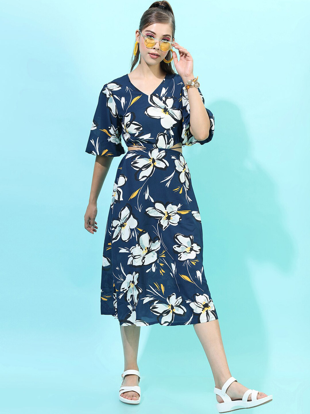 Tokyo Talkies Blue Floral Maxi Midi Cutout Dress