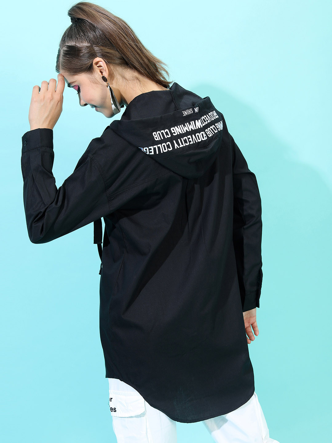 Tokyo Talkies Women Black Longline Hooded Printed Tailored Jacket