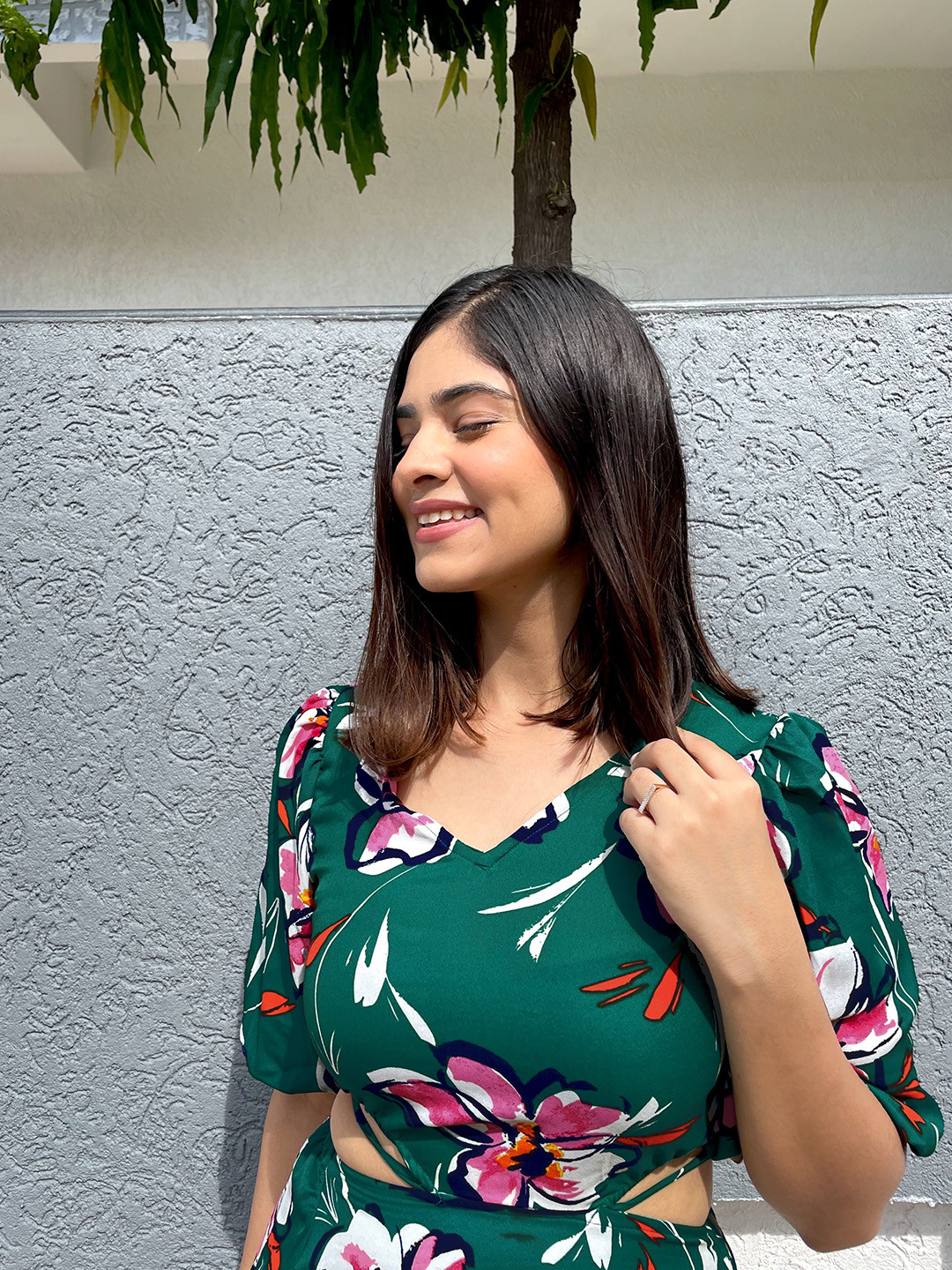 Tokyo Talkies Green Floral Midi Cutout Midi Dress