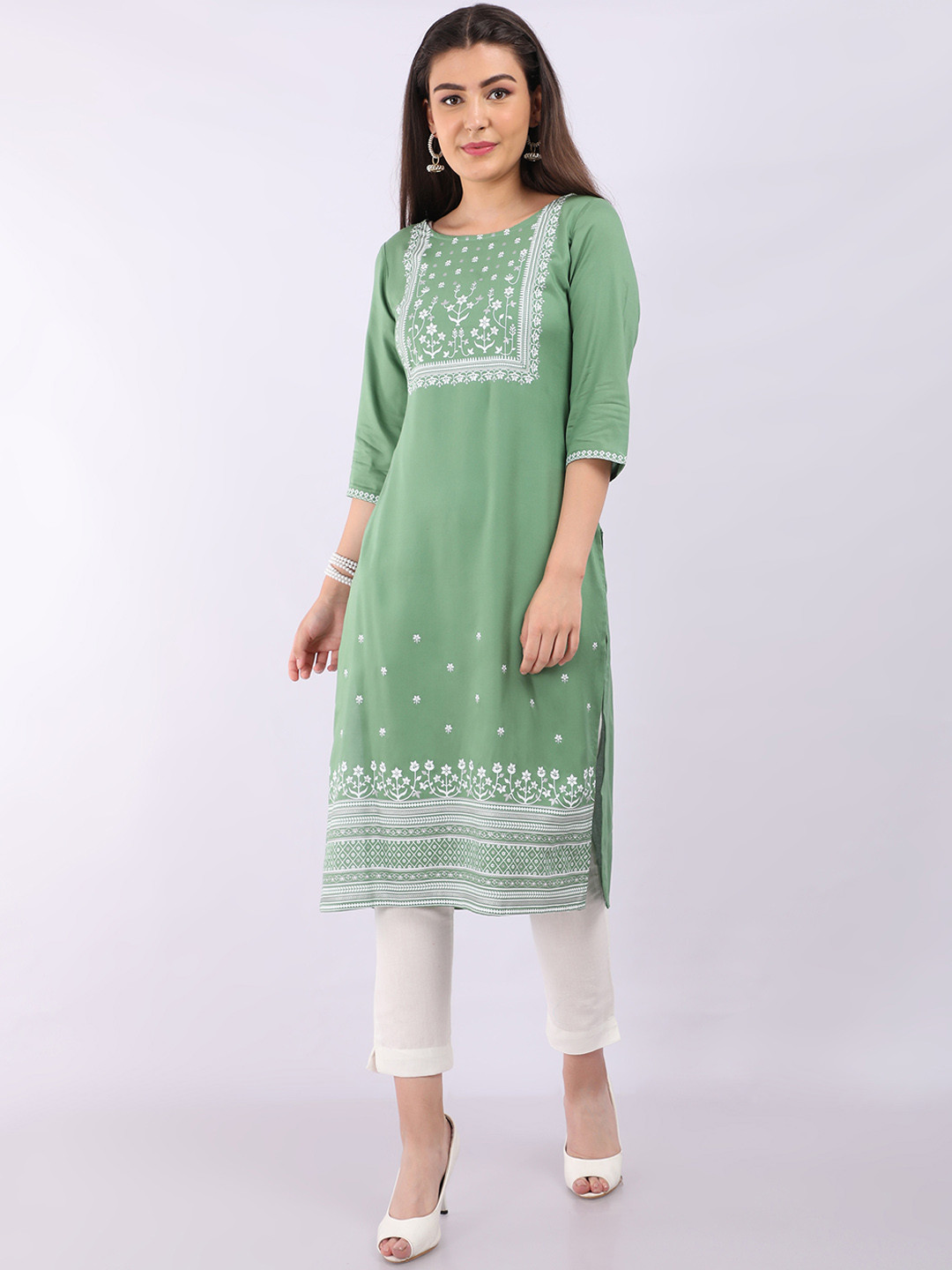 Marcia Women Green & White Ethnic Motifs Printed Kurta