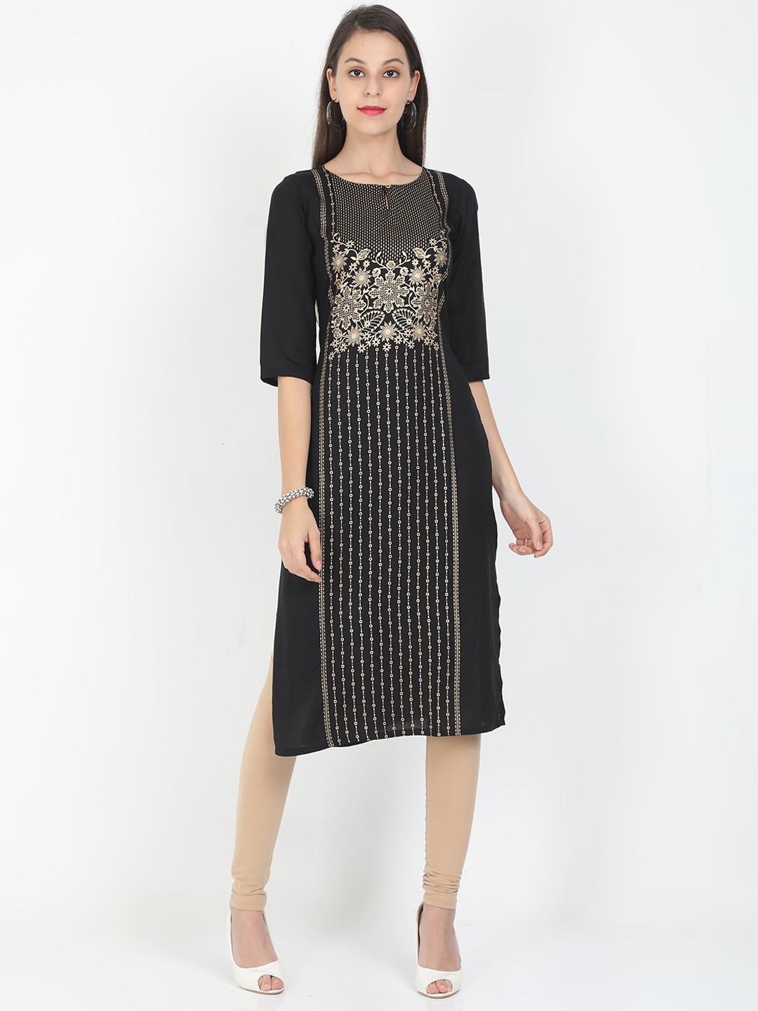 Marcia Women Black & Gold-Toned Floral Keyhole Neck Thread Work Kurta