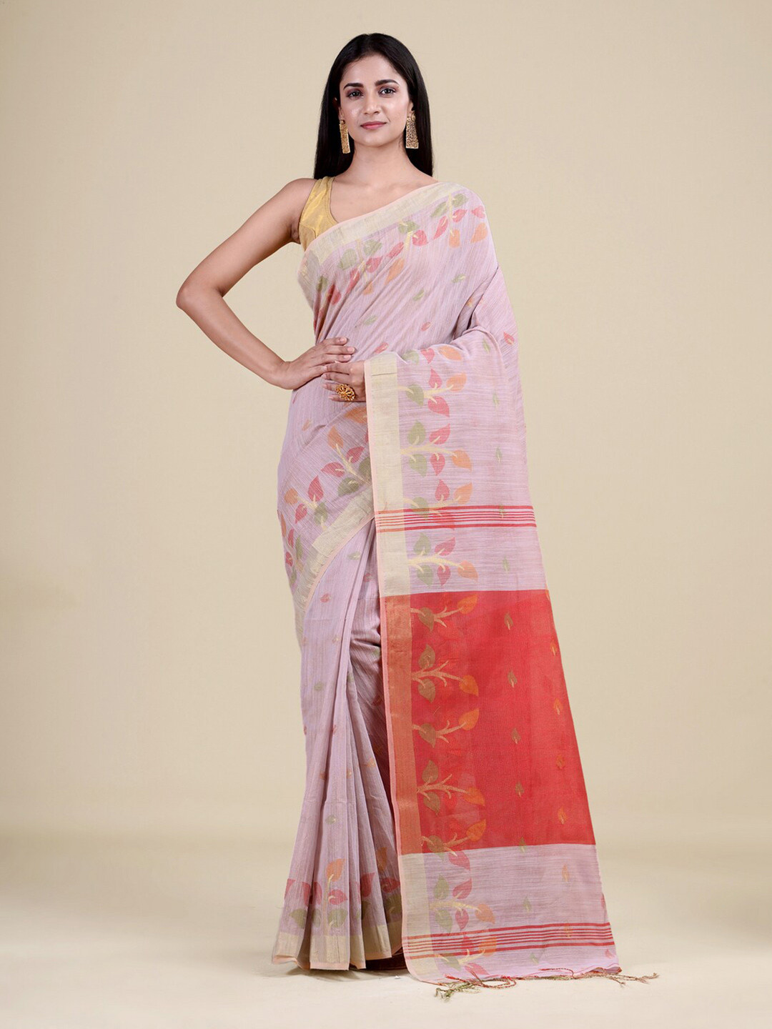 Laa Calcutta Women Off White & Red Woven Design Jute Silk Jamdani Saree