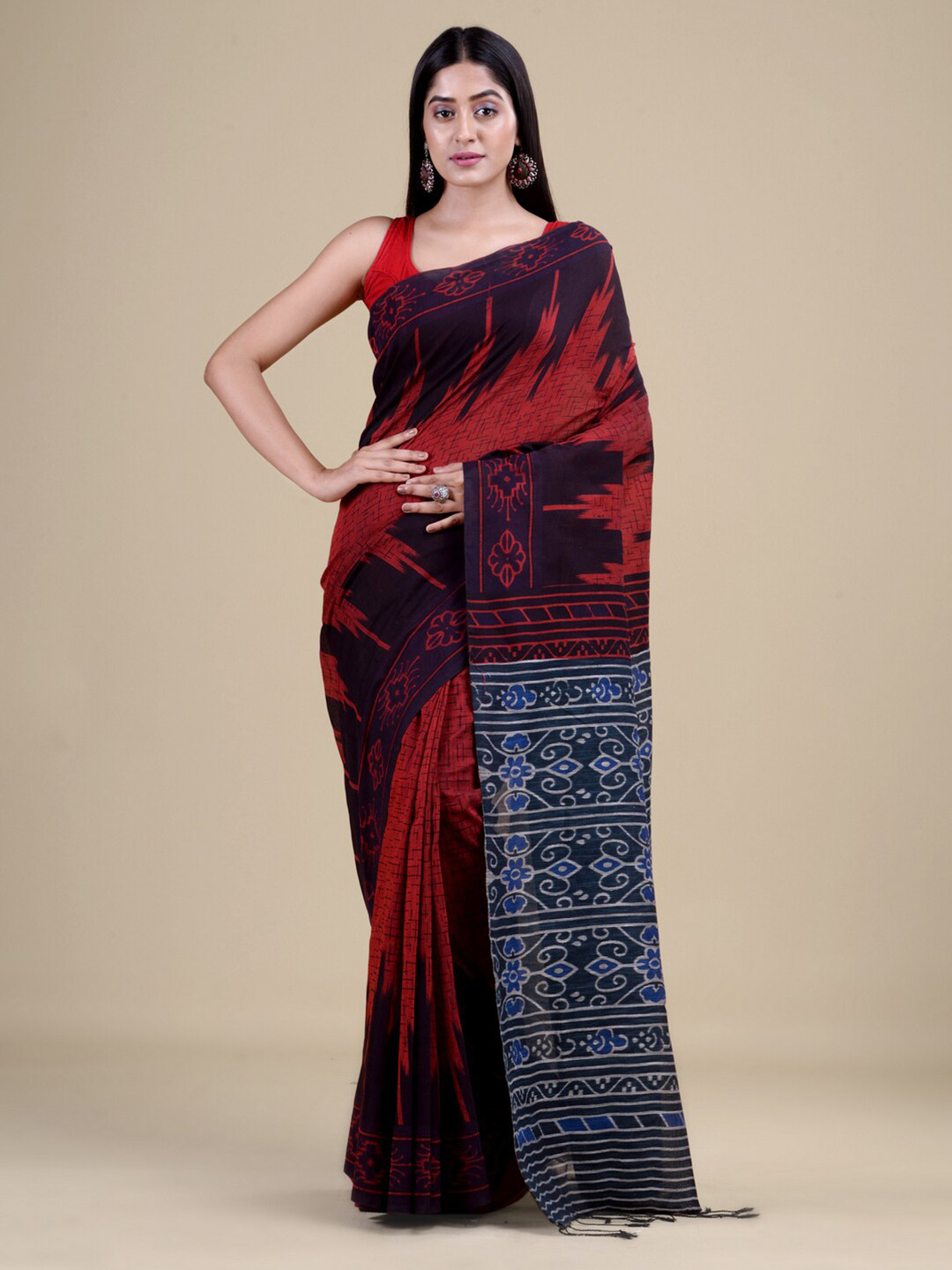 Laa Calcutta Women Maroon & Grey Woven Design Zari Jute Silk Jamdani Saree
