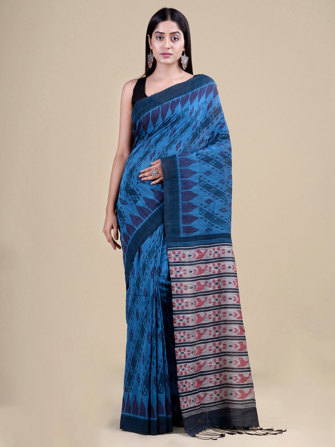 Laa Calcutta Blue Jute Silk Jamdani Saree