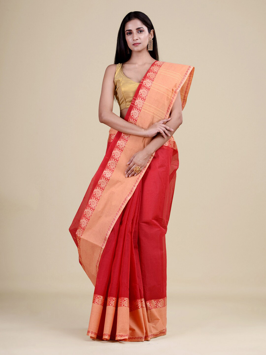 Laa Calcutta Women Red & Orange Zari Jute Silk Jamdani Saree