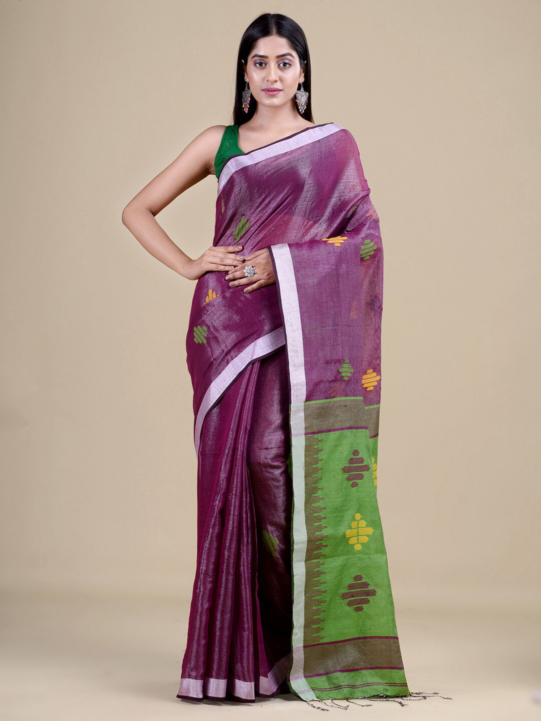 Laa Calcutta Purple & Green Woven Design Zari Jute Silk Jamdani Saree
