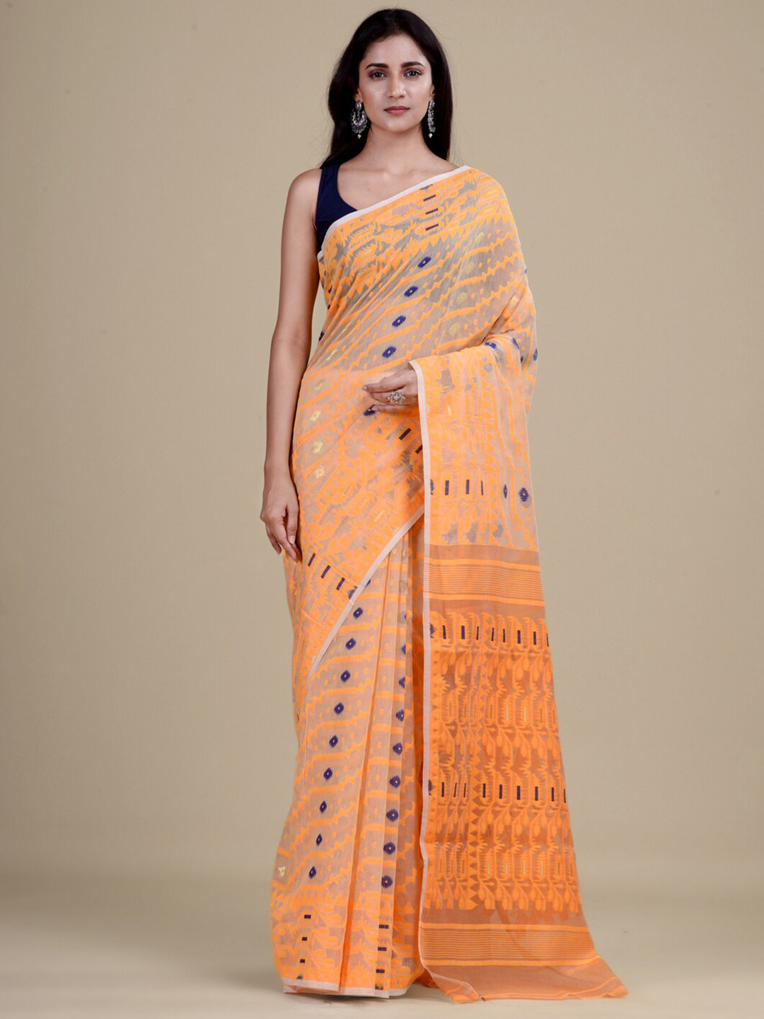 Laa Calcutta Off White & Orange Woven Design Jute Silk Jamdani Saree