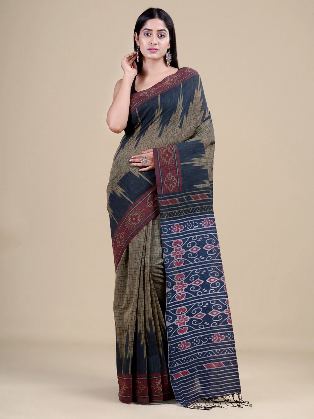 Laa Calcutta Khaki & Blue Jute Silk Jamdani Saree
