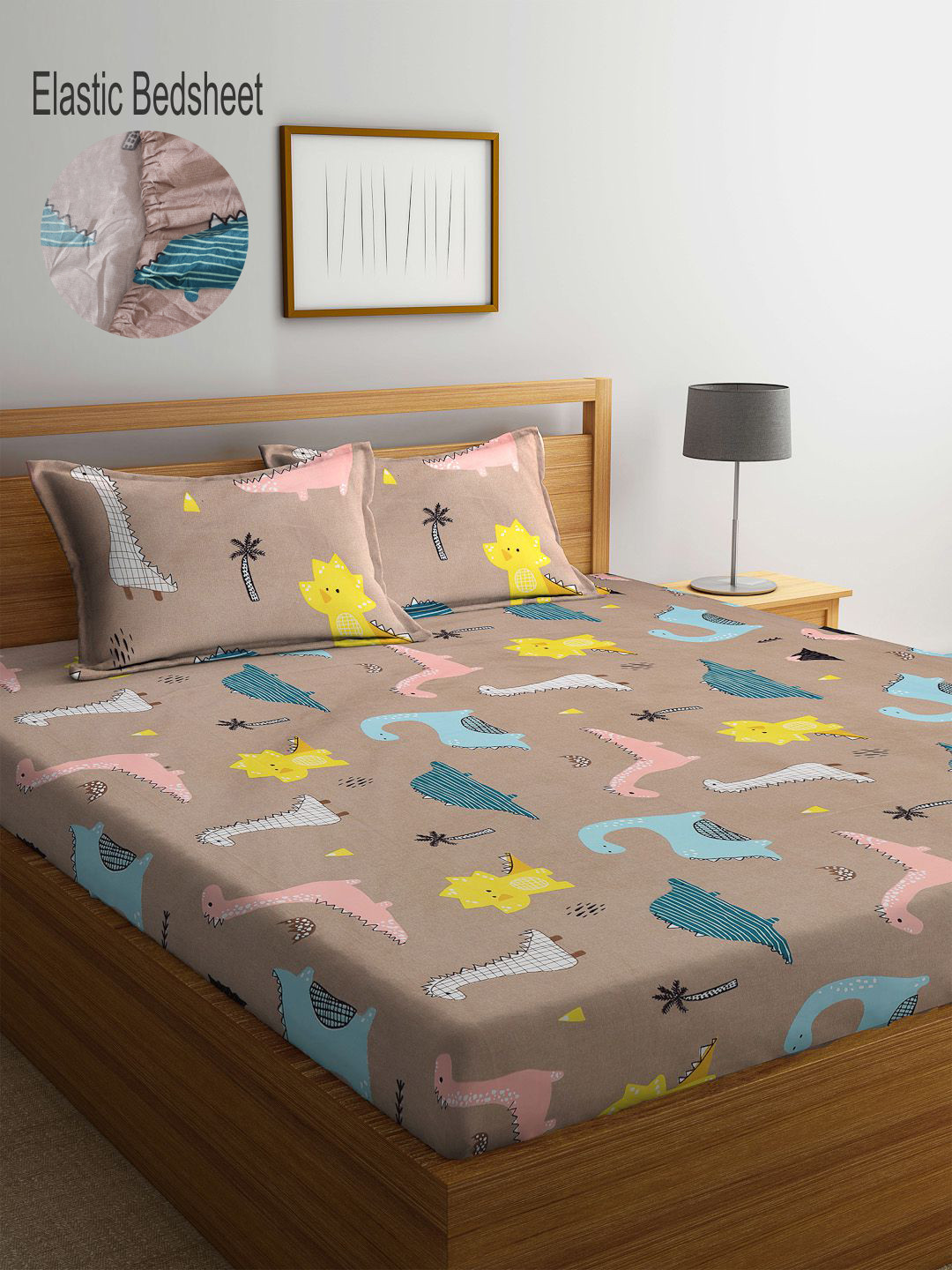 KLOTTHE Grey Cartoon Characters Polycotton 300 TC Fitted King Fine Bedsheet with 2 Pillow Covers-98 x 87 inches