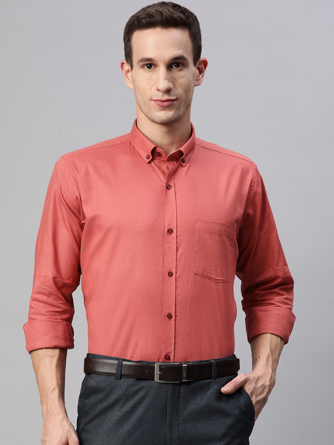 MANQ Men Coral Red Smart Formal Shirt