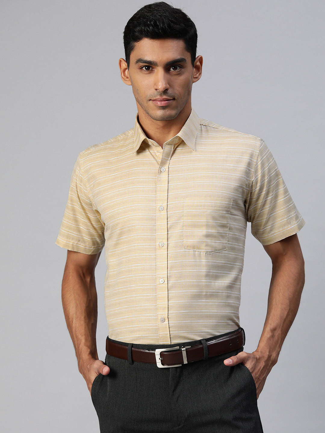 MANQ Men Beige & White Smart Horizontal Striped Formal Shirt
