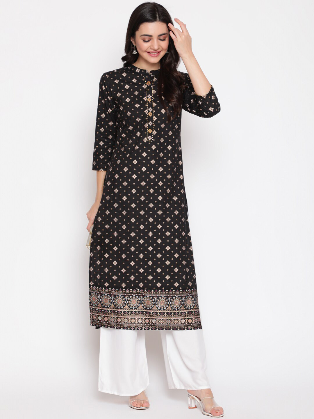 WOMENCLICK Women Black Ethnic Motifs Printed Kurta