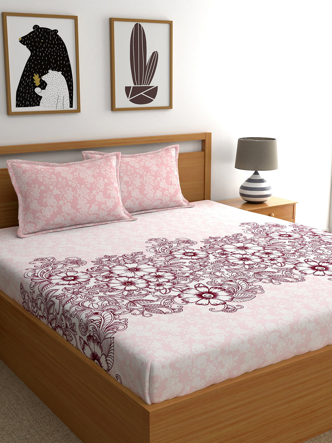 My Room Pink Floral Pure Cotton 140 TC Queen Bedsheet with 2 Pillow Covers-90 x 108 inches