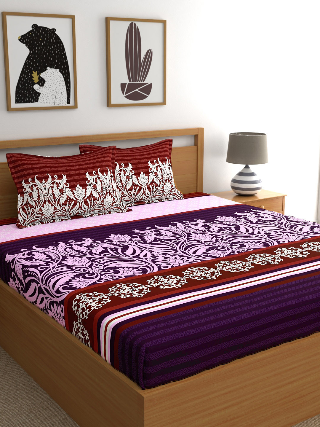 My Room Purple Ethnic Motifs Pure Cotton 140 TC Queen Fine Bedsheet with 2 Pillow Covers-90 x 108 inches