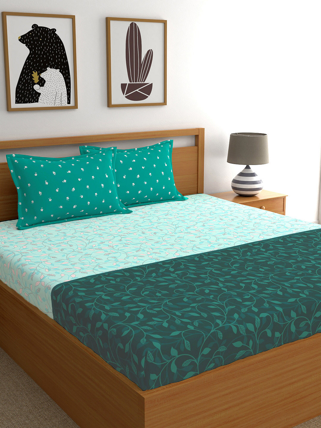My Room Teal Leaf Pure Cotton 140 TC Queen Fine Bedsheet with 2 Pillow Covers-229 x 274 cm