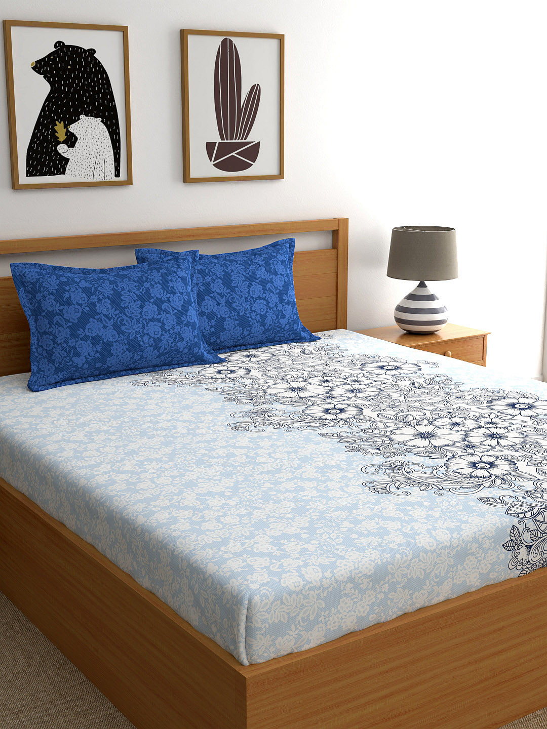 My Room Blue Floral Cotton 140 TC King Bedsheet with 2 Pillow Covers-108 x 108 inches