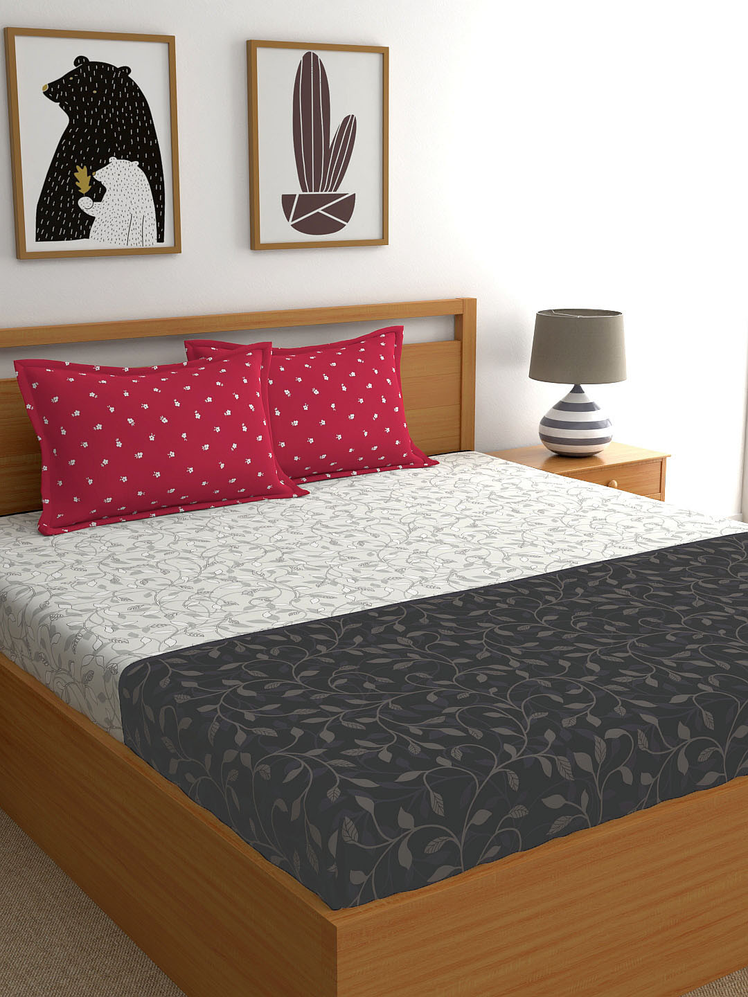 My Room Black Floral Pure Cotton 140 TC Queen Fine Bedsheet with 2 Pillow Covers-108 x 90 inches