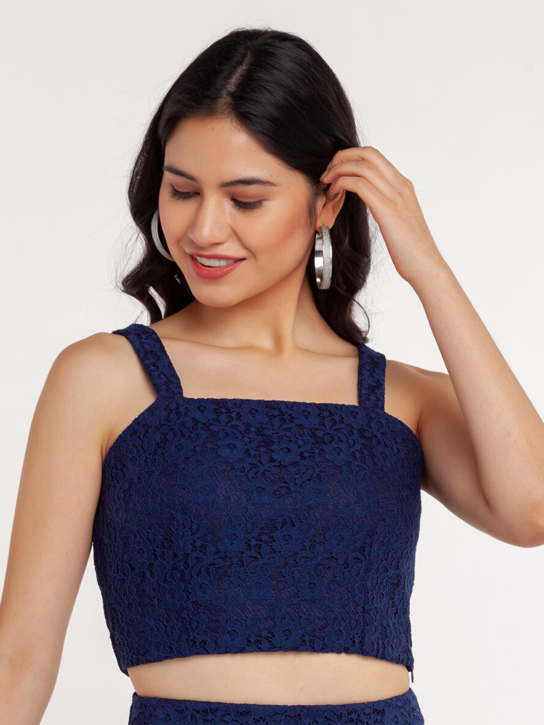 Zink London Navy Blue Lace Crop Top