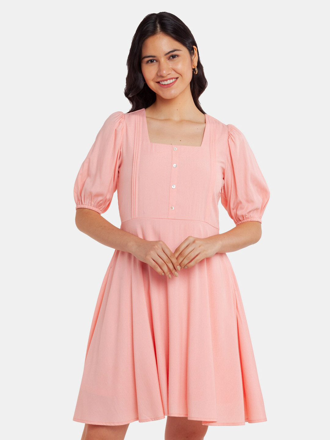 Zink London Women Pink Solid Puff Sleeve Midi Dress