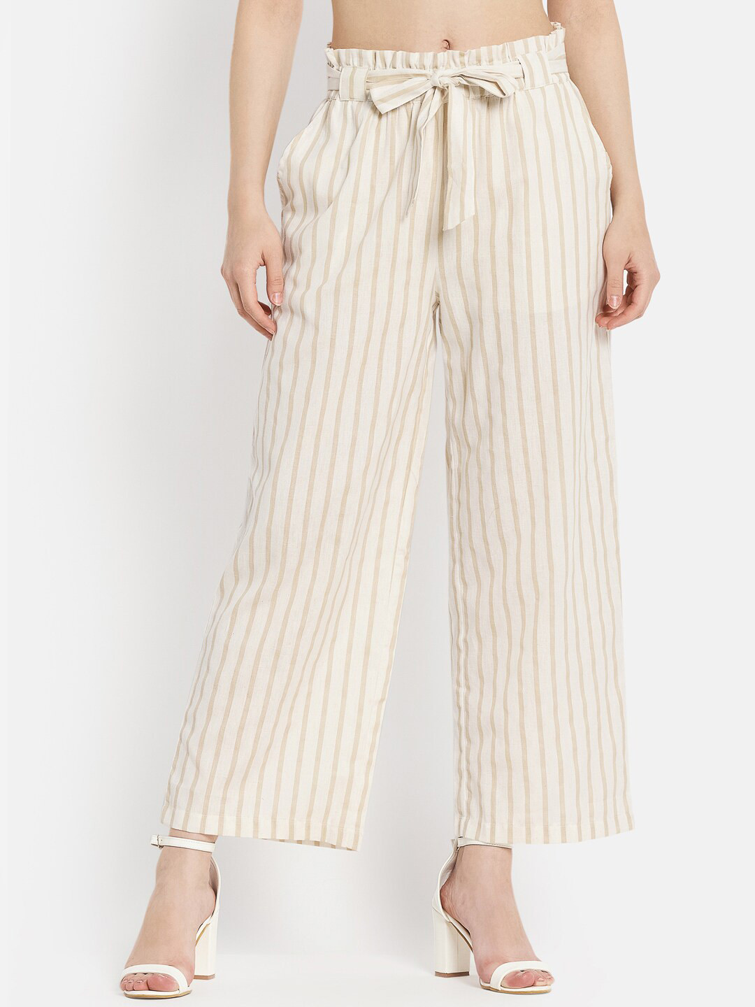 METTLE Women Cream-Coloured Striped Tapered Fit Cotton Pleated Trousers