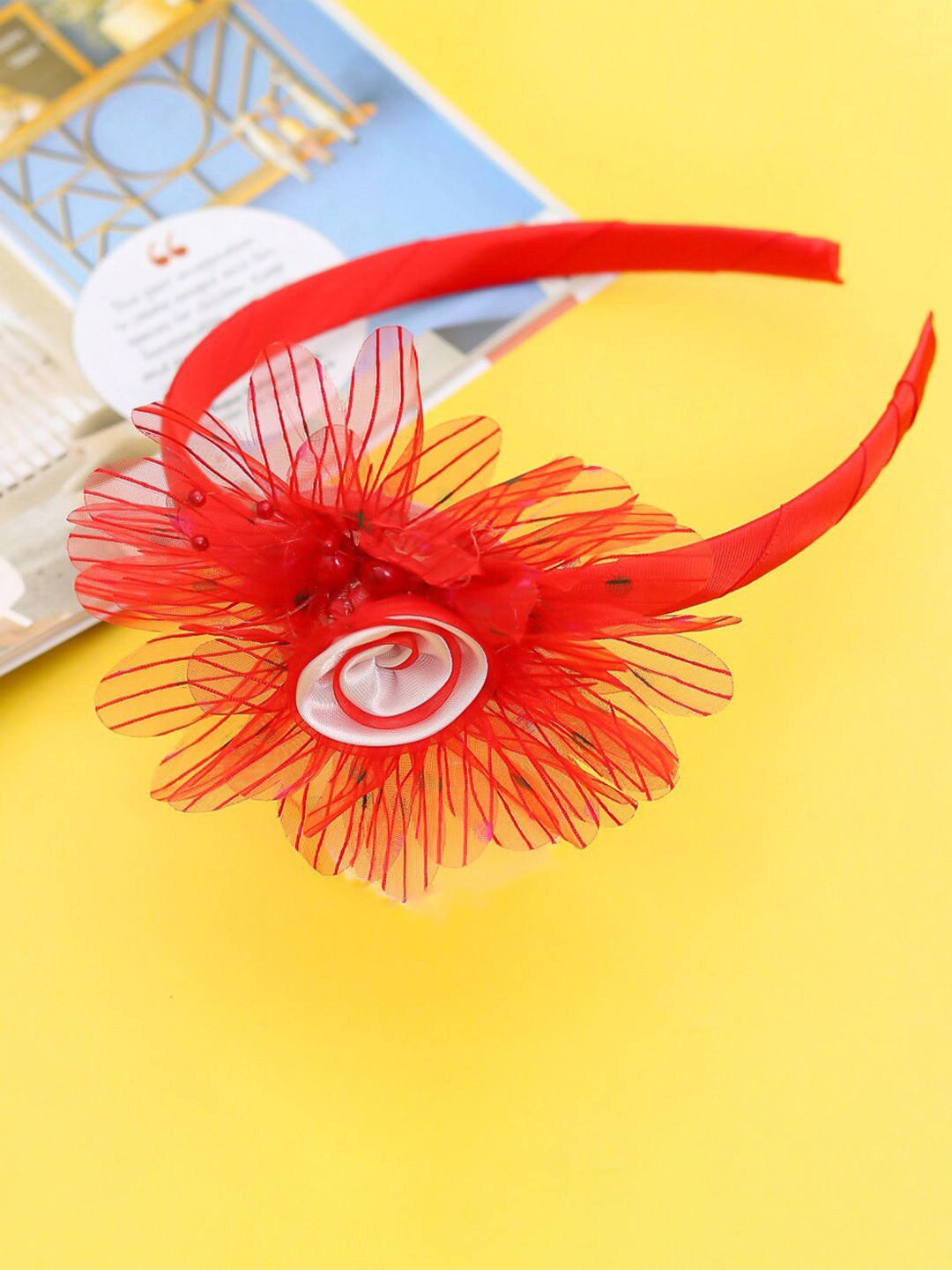 Yellow Bee Girls Red & White Flower Hairband