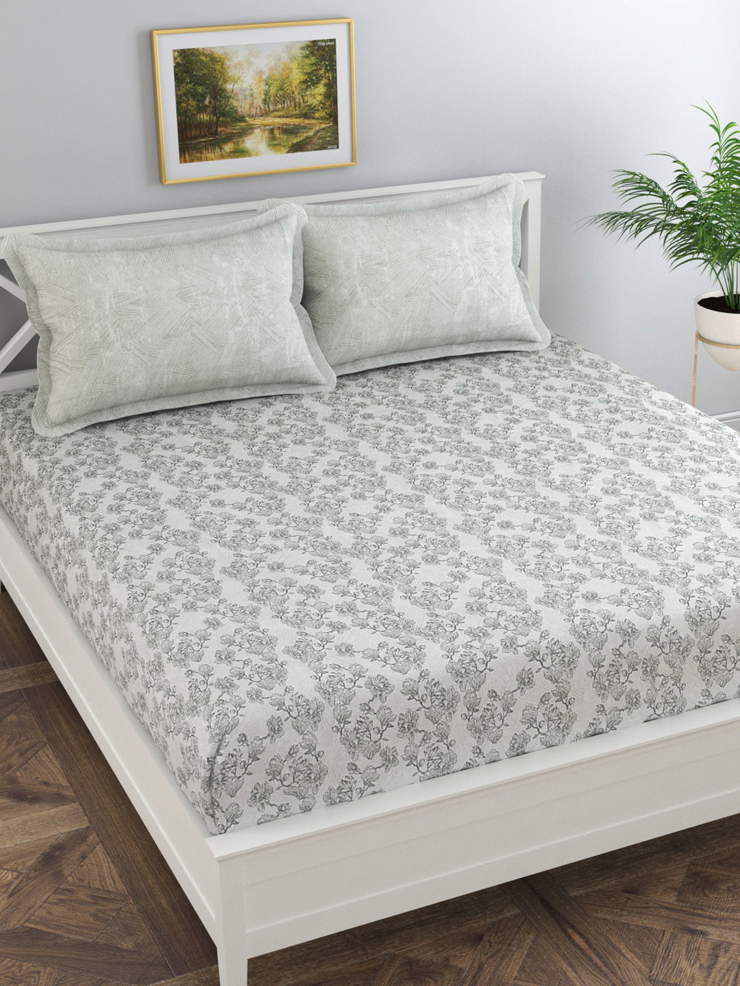 Florida Green Floral Pure Cotton 300 TC King Fine Bedsheet with 2 Pillow Covers-108 x 108 inches