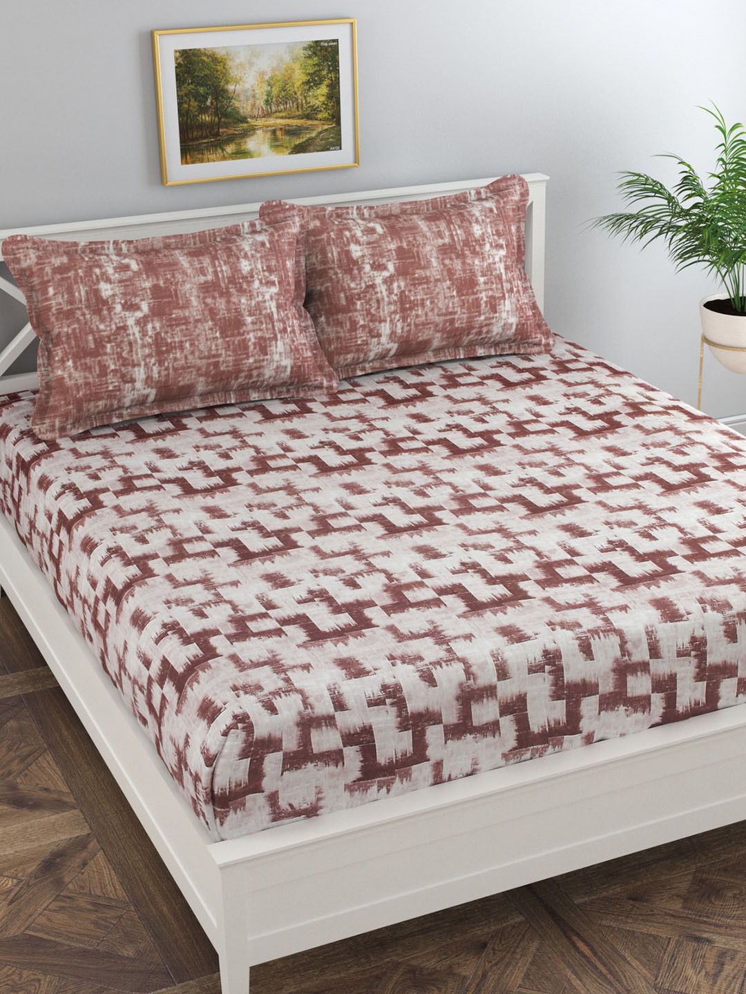 Florida Brown Abstract Pure Cotton 300 TC King Fine Bedsheet with 2 Pillow Covers-108 x 108 inches